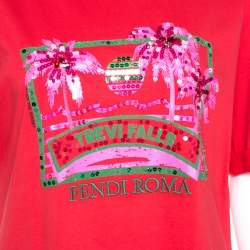 Pre Owned Fendi Coral Red Cotton Embellished Detail Trevi Falls T-Shirt XS