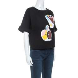 Pre Owned Fendi Black Motif Print Jersey Short Sleeve Sweatshirt M