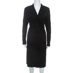 Pre Owned Fendi Black Knit Ruched Detail Long Sleeve Midi Dress L