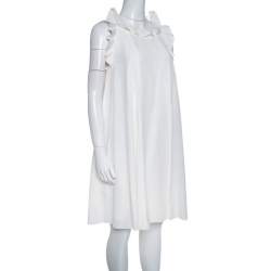 Pre Owned Fendi Off White Silk Ruffle Detail Pleated Short Dress S