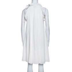 Pre Owned Fendi Off White Silk Ruffle Detail Pleated Short Dress S