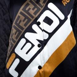 Pre Owned Fendi Black Logo Print Silk Reversible Quilted Bomber Jacket S