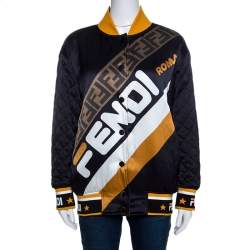 Pre Owned Fendi Black Logo Print Silk Reversible Quilted Bomber Jacket S