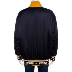 Pre Owned Fendi Black Logo Print Silk Reversible Quilted Bomber Jacket S