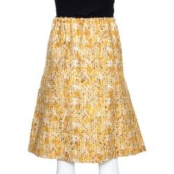 Pre Owned Fendi Yellow Tweed Side Slit Detail Midi Skirt S