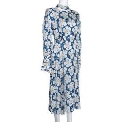 Pre Owned Fendi Blue Floral Printed Silk Cutout Detail Midi Dress M