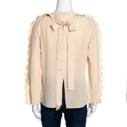 Pre Owned Fendi Cream Silk Scalloped Long Sleeve Blouse S