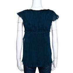 Pre Owned Fendi Green Plisse Silk Ruffled Top M