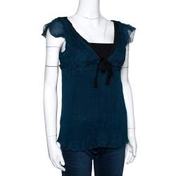 Pre Owned Fendi Green Plisse Silk Ruffled Top M