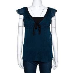 Pre Owned Fendi Green Plisse Silk Ruffled Top M