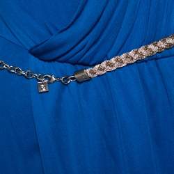 Pre Owned Fendi Blue Draped Jersey Embellished Shoulder Detail Belted Dress M