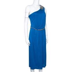 Pre Owned Fendi Blue Draped Jersey Embellished Shoulder Detail Belted Dress M