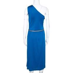 Pre Owned Fendi Blue Draped Jersey Embellished Shoulder Detail Belted Dress M