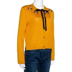 Pre Owned Fendi Mustard Yellow Cashmere Silk Neck Tie Detail Embellished Cardigan M