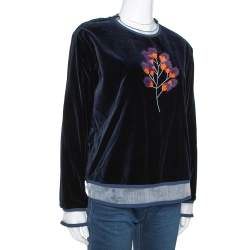 Pre Owned Fendi Dark Blue Velvet Mink Fur Floral Appliqued Top M