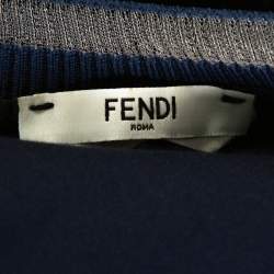 Pre Owned Fendi Dark Blue Velvet Mink Fur Floral Appliqued Top M