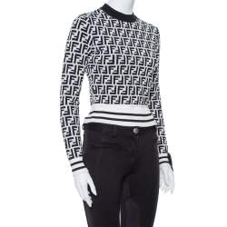 Pre Owned Fendi Monochrome FF Logo Jacquard Knit Crop Top S