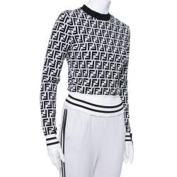 Pre Owned Fendi Monochrome Zucca Monogram Intarsia Knit Crop Top S