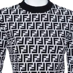 Pre Owned Fendi Monochrome Zucca Monogram Intarsia Knit Crop Top S
