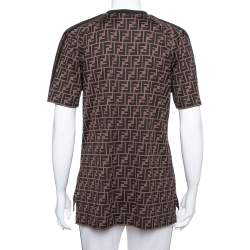 Pre Owned Fendi Brown Logo Printed Cotton Embroidered Crewneck T Shirt S