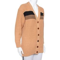 Pre Owned Fendi Brown Cable Knit Stripe Detail Cardigan XS