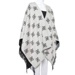 Pre Owned Fendi Grey Logo Intarsia Knit Fringed Poncho (One Size)