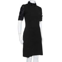Pre Owned Fendi Black Embossed Knit Applique Detail Cloque Dress M
