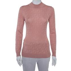 Pre Owned Fendi Pink Zucca Monogram Knit High Neck Jumper S