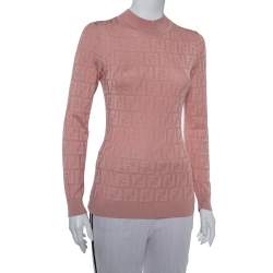 Pre Owned Fendi Pink Zucca Monogram Knit High Neck Jumper S