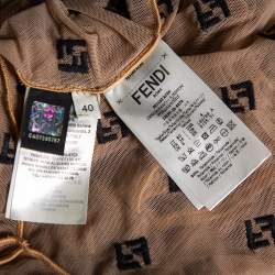 Pre Owned Fendi Beige Tulle Logo Embroidered High Neck Sheer Bodysuit S