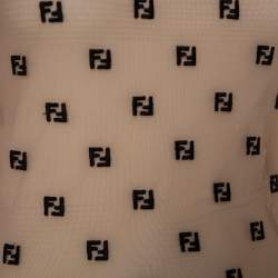 Pre Owned Fendi Beige Tulle Logo Embroidered High Neck Sheer Bodysuit S