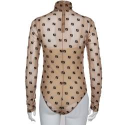 Pre Owned Fendi Beige Tulle Logo Embroidered High Neck Sheer Bodysuit S