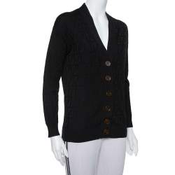 Pre Owned Fendi Black Logo Intasia Knit Button Front V-Neck Cardigan XS