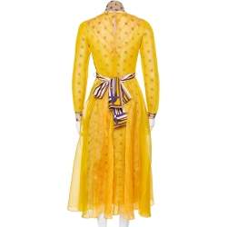 Pre Owned Fendi Yellow Logo Embroidered Sheer & Mesh Overlay Belted Midi Dress S