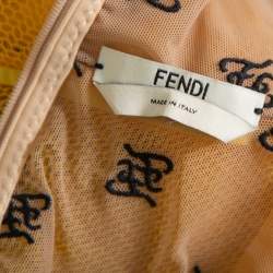 Pre Owned Fendi Yellow Logo Embroidered Sheer & Mesh Overlay Belted Midi Dress S