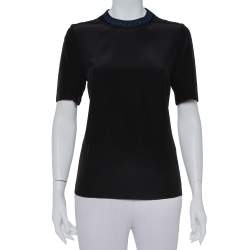 Pre Owned Fendi Black Silk Ribbed Logo Neck Trim Detail Top M