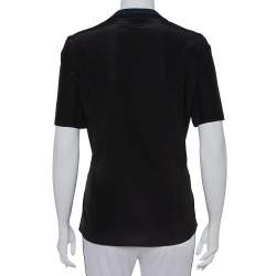 Pre Owned Fendi Black Silk Ribbed Logo Neck Trim Detail Top M