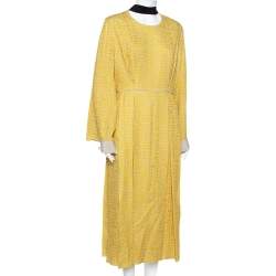 مملوكة مسبقًا فستان فندي ماكسي غريسيل تفاصيل رابطة ياقة حرير منقوش أصفر مقاس كبير - لارج