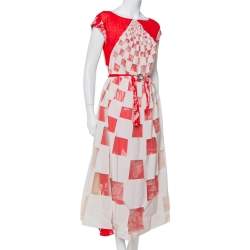 Pre Owned Fendi  Red & White Layered Silk & Tulle Flared Midi Dress M