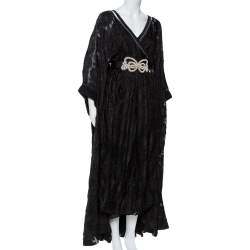 Pre Owned Fendi Black Daisy Fil Coupe Slit Detail Belted Kaftan Maxi Dress M