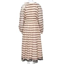 Pre Owned Fendi Beige Striped Cotton & Silk Cut Out Sleeve Detail Maxi Dress M