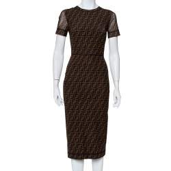 Pre Owned Fendi Brown Zucca Monogram Mesh Sheath Dress S