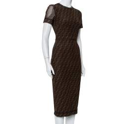 Pre Owned Fendi Brown Zucca Monogram Mesh Sheath Dress S