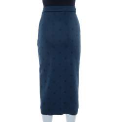 Pre Owned تنورة فندي متوسطة الطول مطرز شعار الماركة تريكو أزرق مخضر مقاس صغير (سمول)