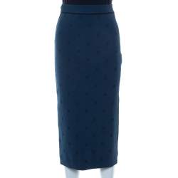 Pre Owned تنورة فندي متوسطة الطول مطرز شعار الماركة تريكو أزرق مخضر مقاس صغير (سمول)