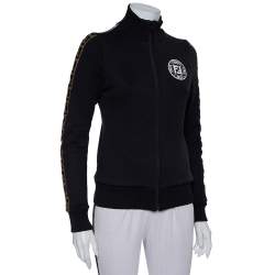 Pre Owned Fendi Black Jersey Logo Trim Detail Zip Front Jacket S