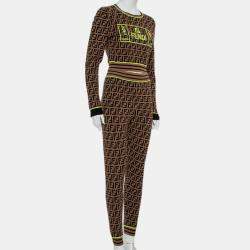 Pre Owned Fendi Brown Zucca Monogram Knit Logo Embroidered Crop Top & Leggings Set M