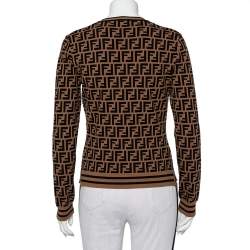 Pre Owned Fendi Brown Zucca Monogram Knit Logo Embroidered Jumper M