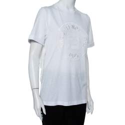Fendi White Sequin Embellished Logo Embroidered Cotton Fringed Detail T shirt XXS