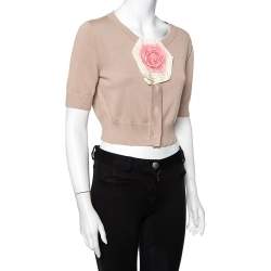 Pre Owned Fendi Beige Floral Applique Detail Short Sleeve Cropped Cardigan M